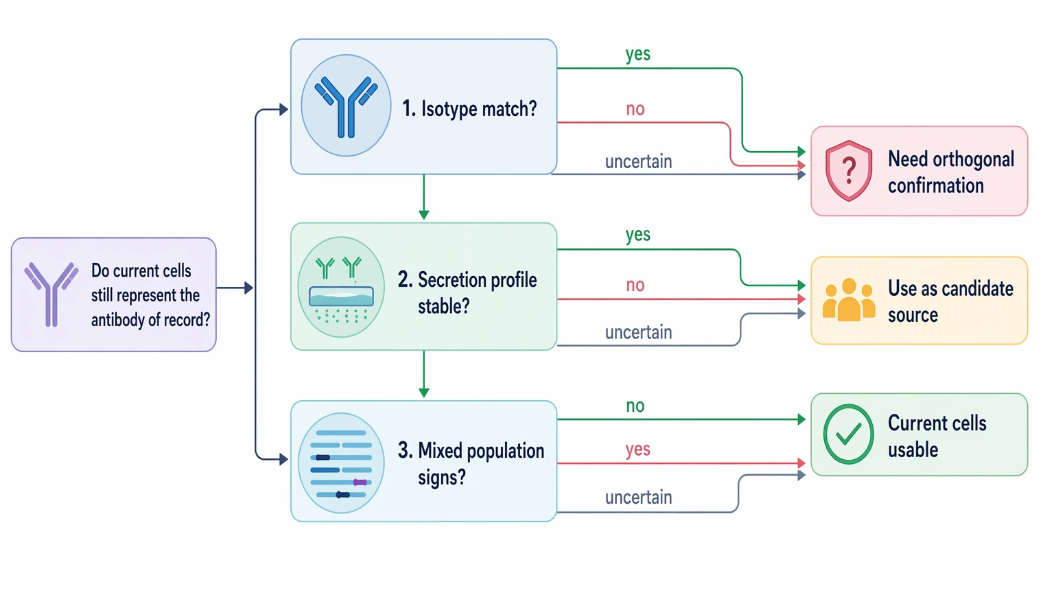 Hybridoma monoclonal antibody sequencing decision path for checking clone identity before sequence rescue