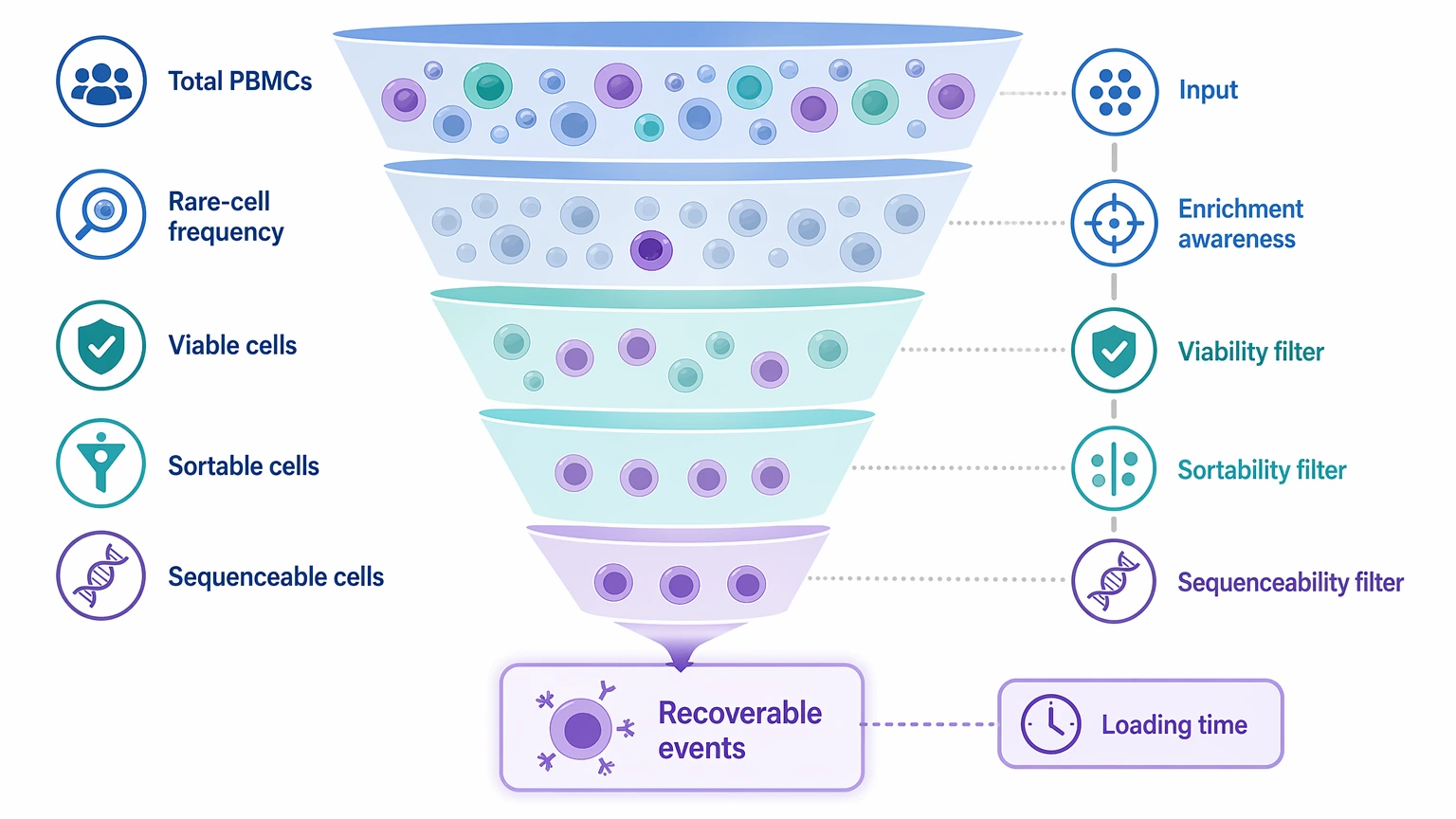 single-cell antibody sequencing workflow showing recoverable antigen-specific B-cell event estimation at loading time