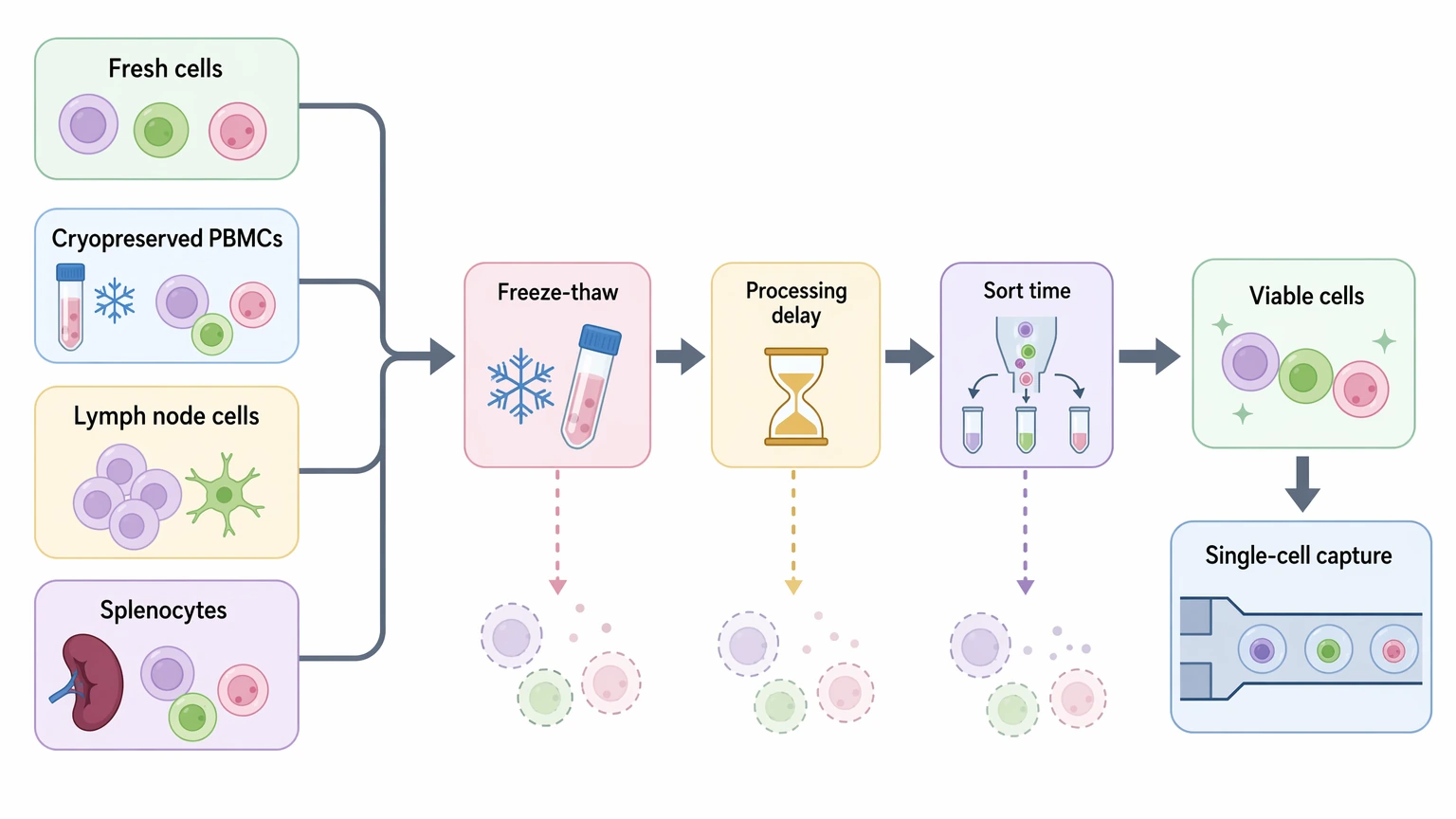 single-cell antibody sequencing sample handling workflow showing viability loss before single-cell capture