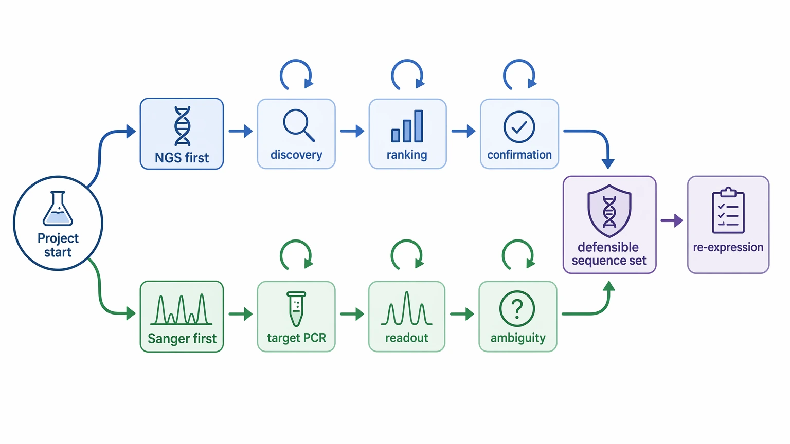 antibody sequencing ngs timeline risk workflow comparing total iteration burden before re-expression planning
