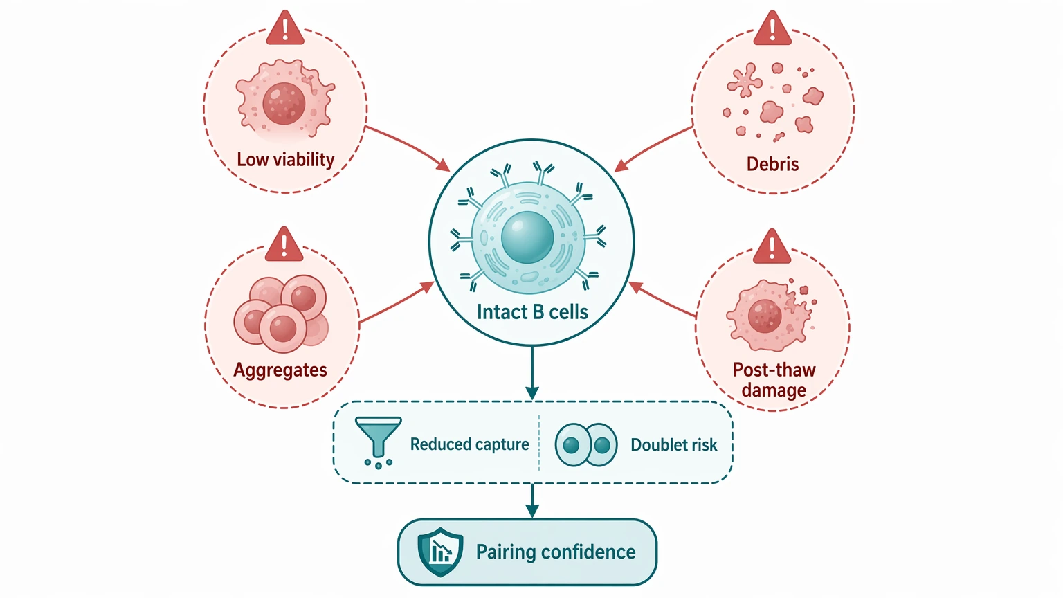 Single cell antibody sequencing problem localization diagram for viability debris aggregation and post-thaw damage effects