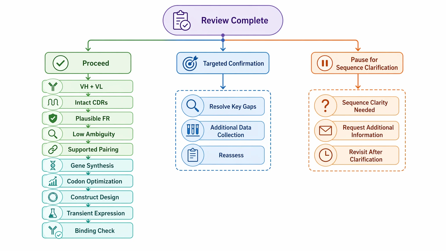 Antibody sequencing decision guide with proceed, targeted confirmation, and pause paths for recombinant re-expression