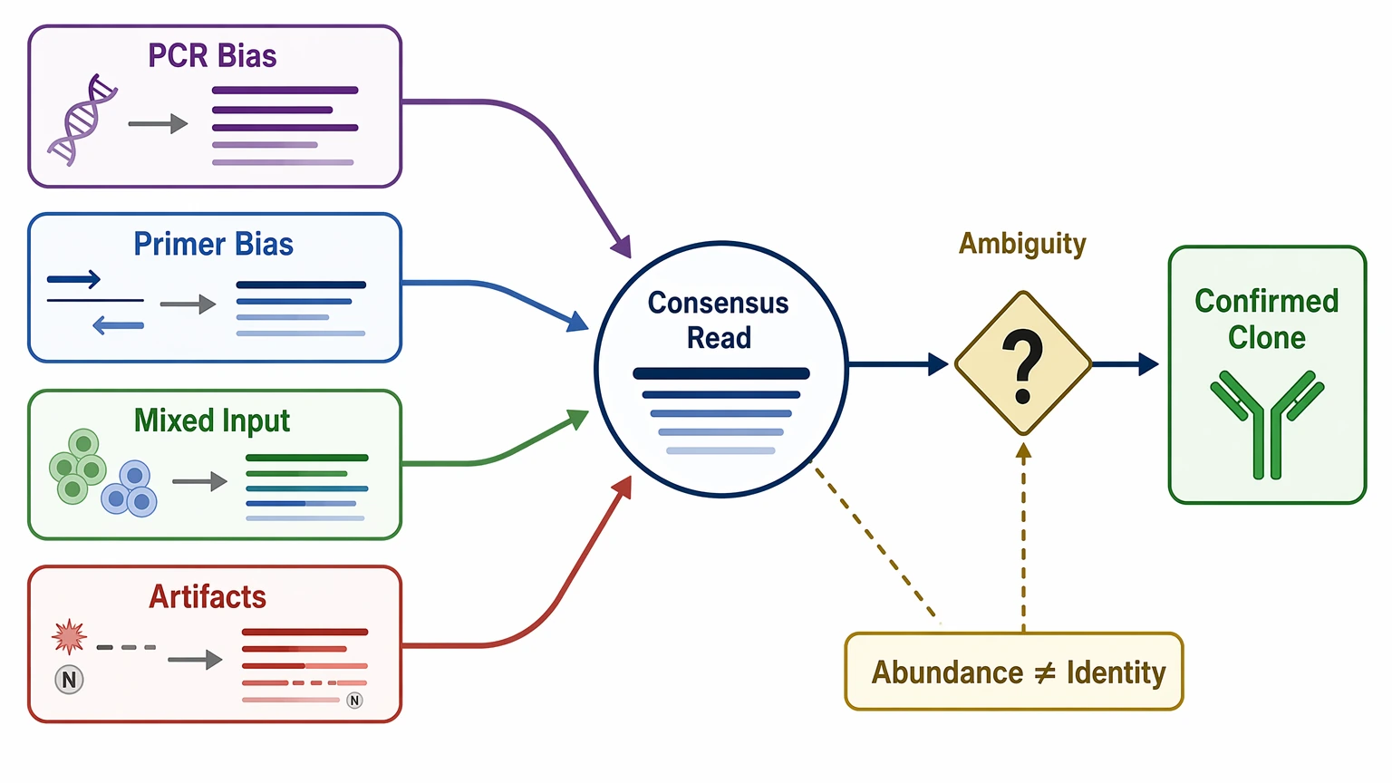 ngs antibody sequencing problem localization diagram showing bias and ambiguity sources before clone confirmation