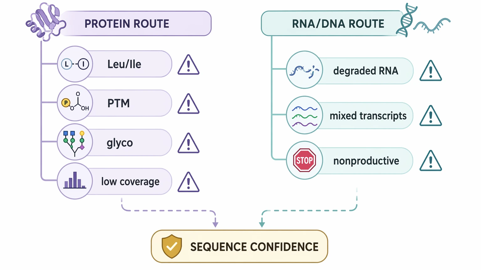 Monoclonal antibody sequencing ambiguity diagram comparing protein-route and RNA-DNA-route failure sources