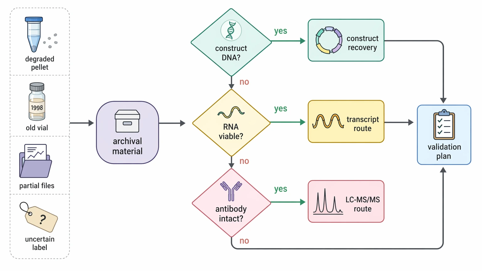 Monoclonal antibody sequencing decision path for archival material triage and route selection
