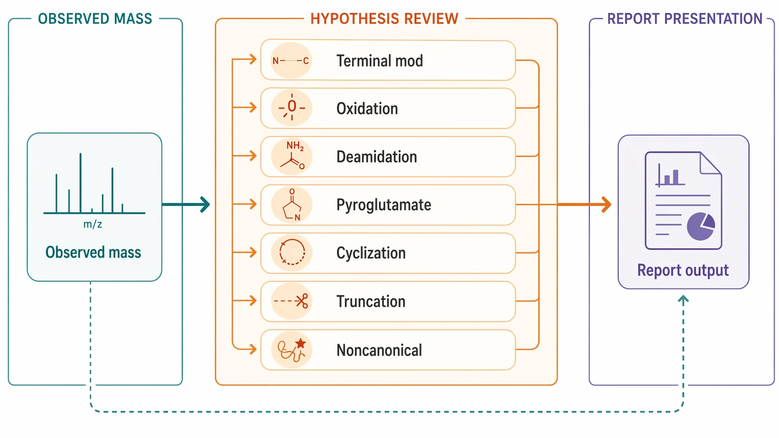 de novo peptide sequencing service decision path for PTM review, mass behavior, and residue ambiguity risk