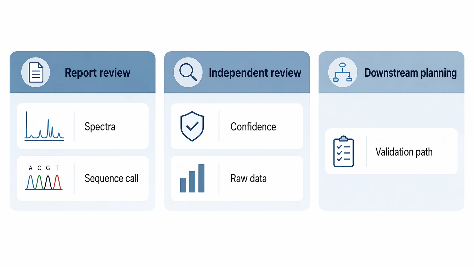 de novo peptide sequencing service report review graphic showing evidence review and downstream planning deliverables