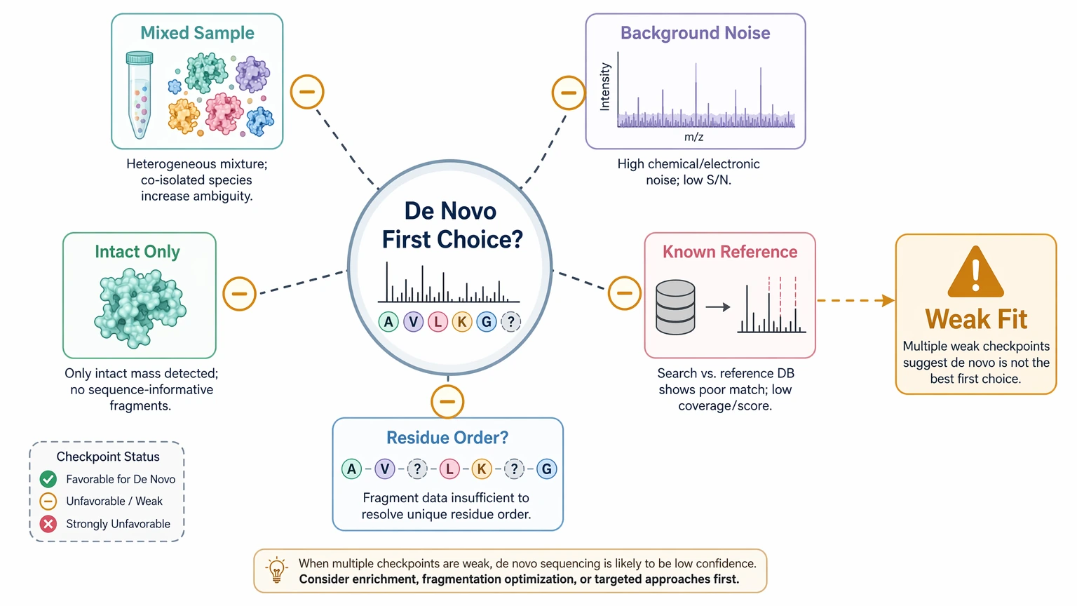 De novo protein sequencing mass spectrometry problem localization map showing weak-fit signals such as mixed samples and background noise