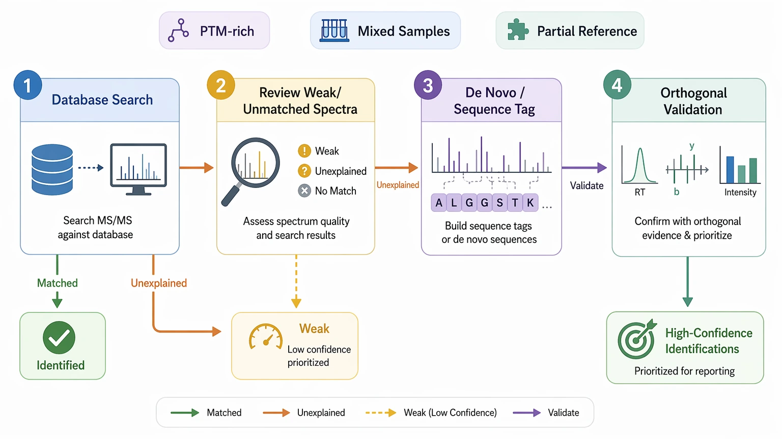 de novo sequencing method and database search hybrid LC-MS/MS workflow for unexplained spectra