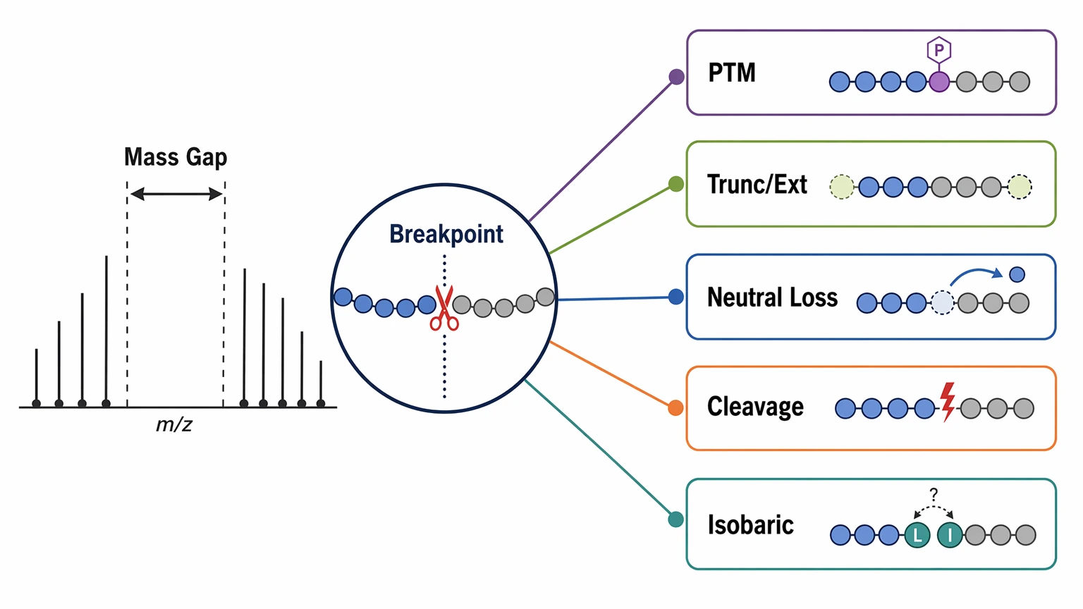De novo sequencing using mass spectrometry data troubleshooting diagram for ladder breakpoints and unexplained mass gaps