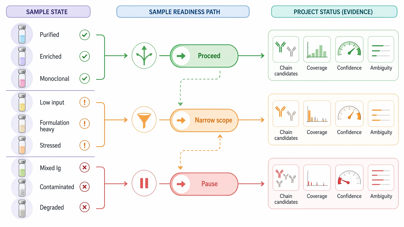 de novo antibody sequencing readiness decision path for purified stressed and mixed antibody samples