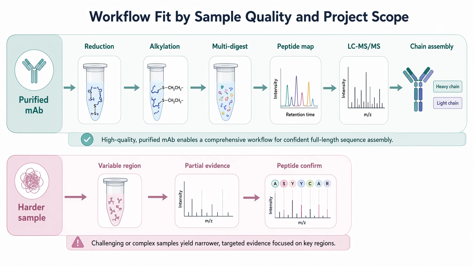 de novo antibody sequencing workflow fit map for purified monoclonal antibody and harder samples