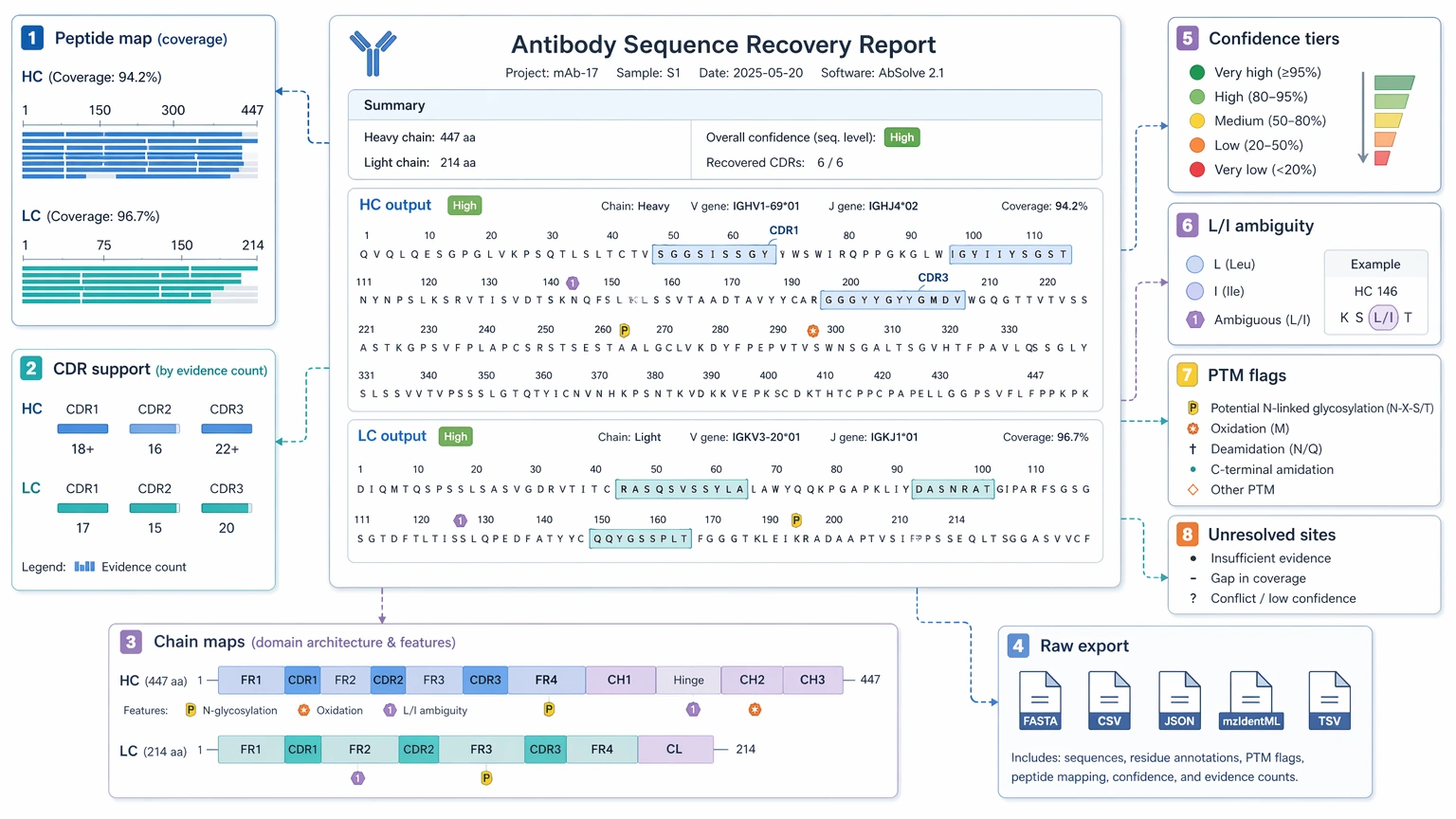 Antibody sequencing service evidence view showing chain-specific outputs peptide maps confidence tiers and unresolved residues