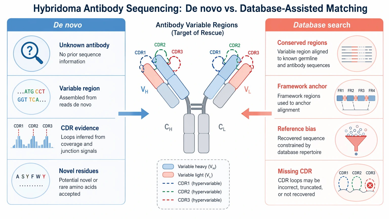 Hybridoma antibody sequencing comparison of de novo sequencing and database-assisted matching for variable region recovery