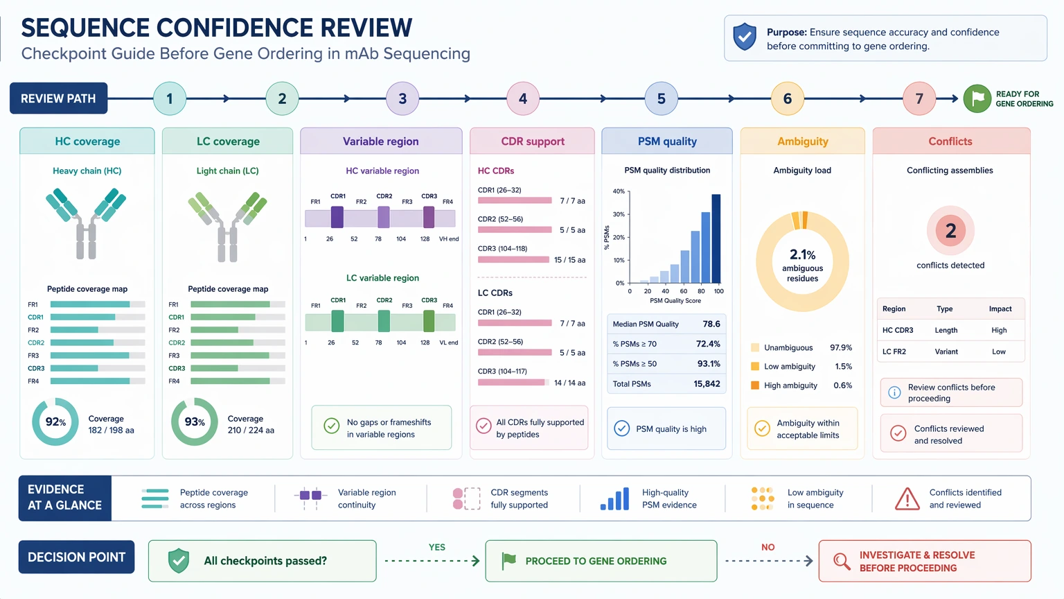 Monoclonal antibody sequencing confidence review checkpoints for heavy chain, light chain, and CDR support