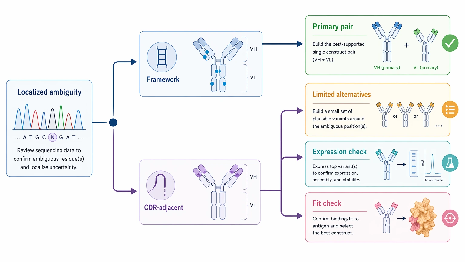 Monoclonal antibody sequencing construct selection path for localized CDR-adjacent ambiguity