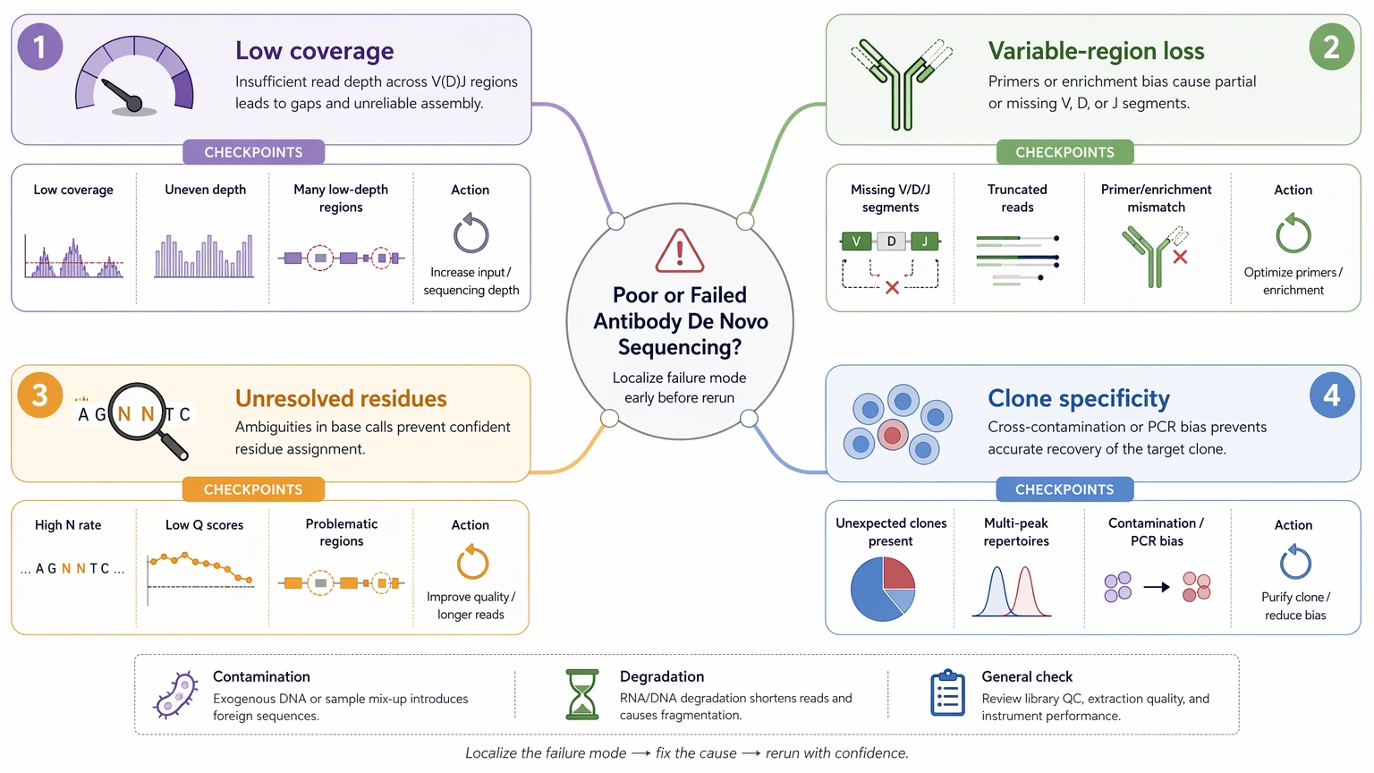 why the sequencing of antibody is difficult troubleshooting diagram for peptide coverage residue ambiguity and clone specificity failures