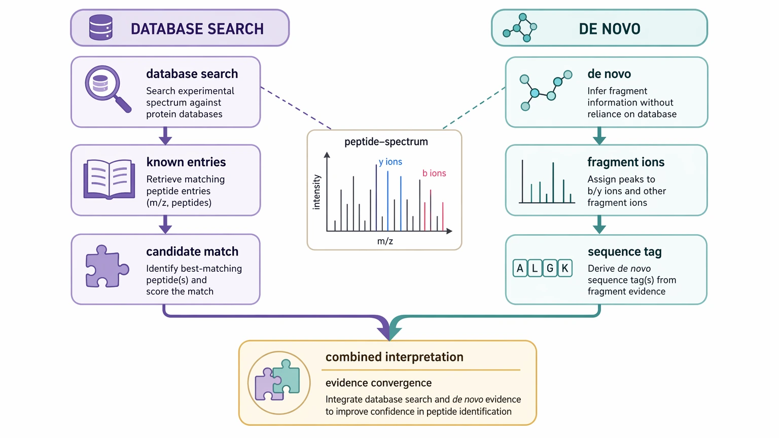 explain the principle and application of de novo sequencing illustration: De novo sequencing method comparison diagram showing database search and direct fragment-ion interpretation converging for peptide analysis.