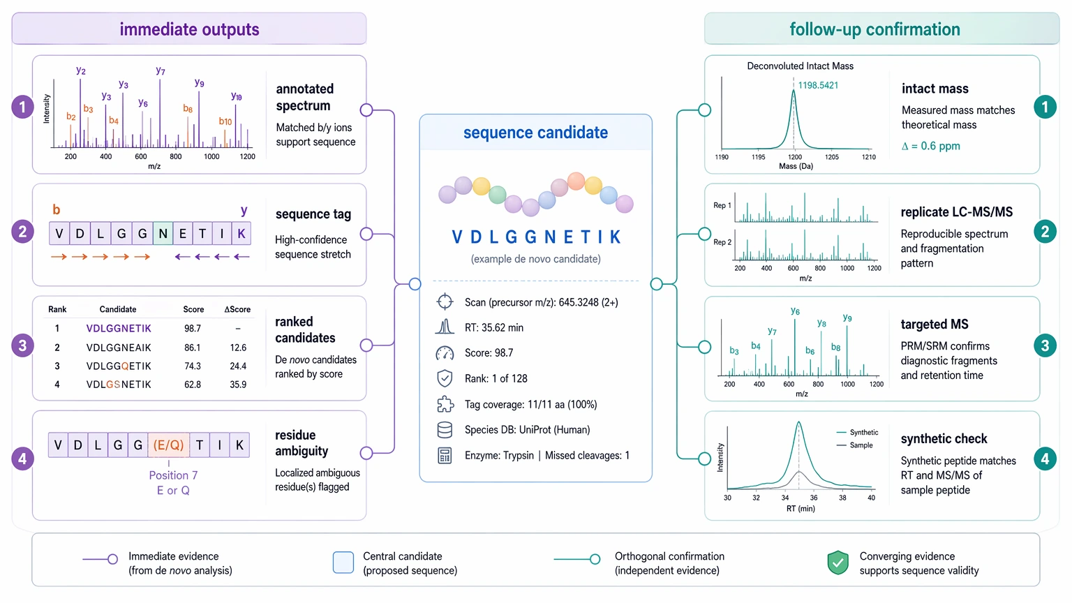 Explain the principle and application of de novo sequencing with a validation evidence view of immediate outputs and follow-up confirmation.