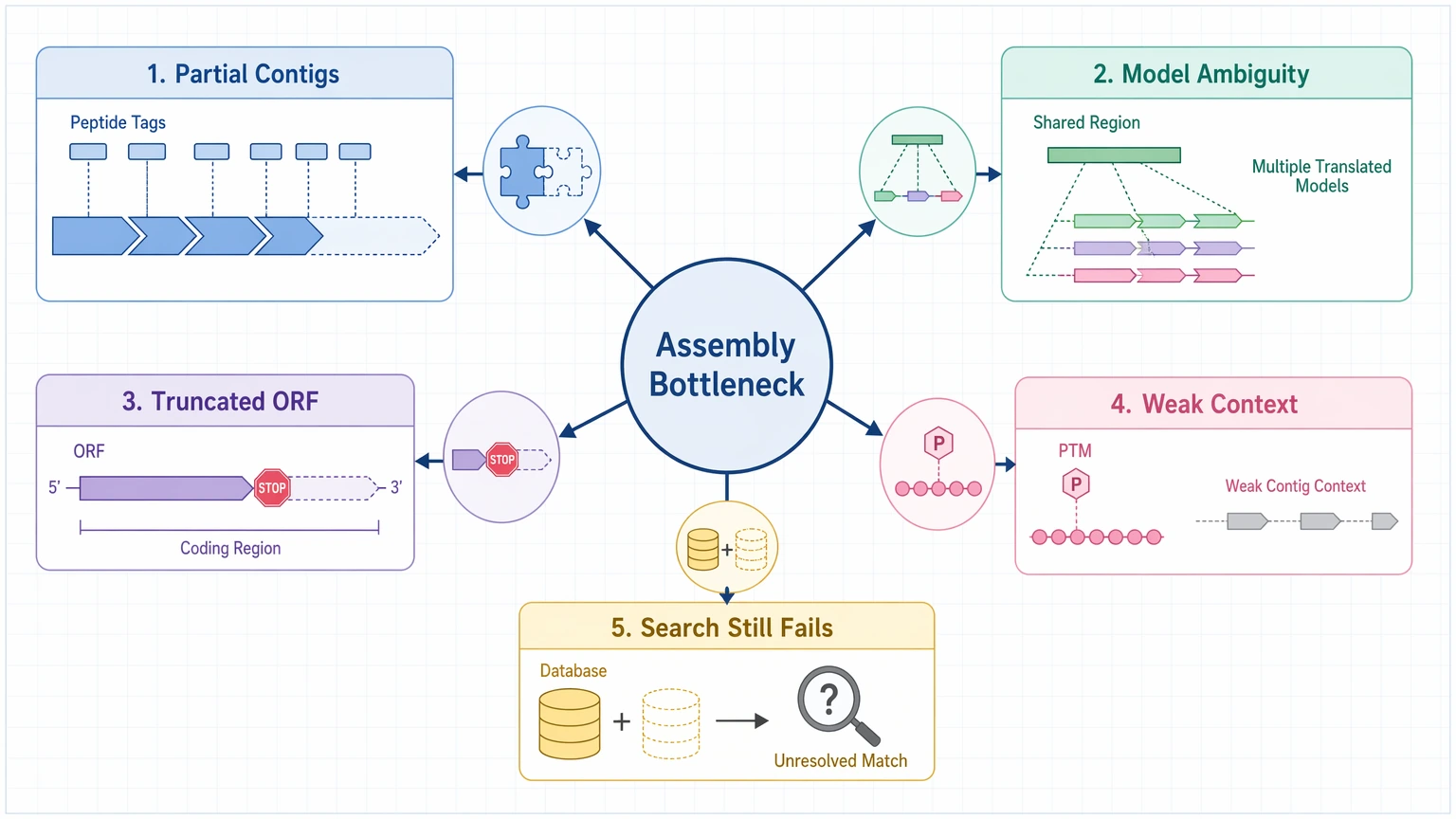 de novo sequencing illumina troubleshooting diagram showing assembly bottleneck signs such as partial contigs, truncated ORFs, and model ambiguity