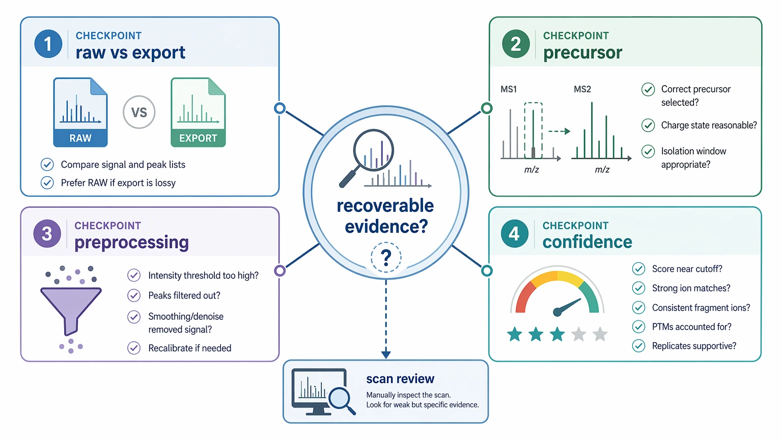 de novo peptide sequencing software problem localization diagram with four pre-reprocessing checkpoints