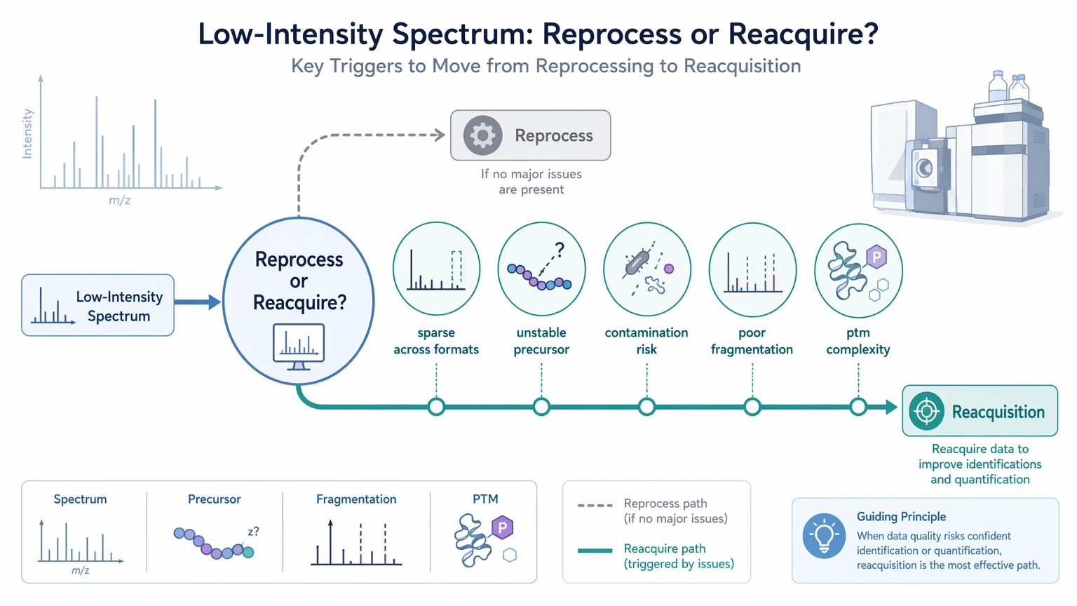 de novo peptide sequencing software selection guide showing when low-intensity spectra need reacquisition