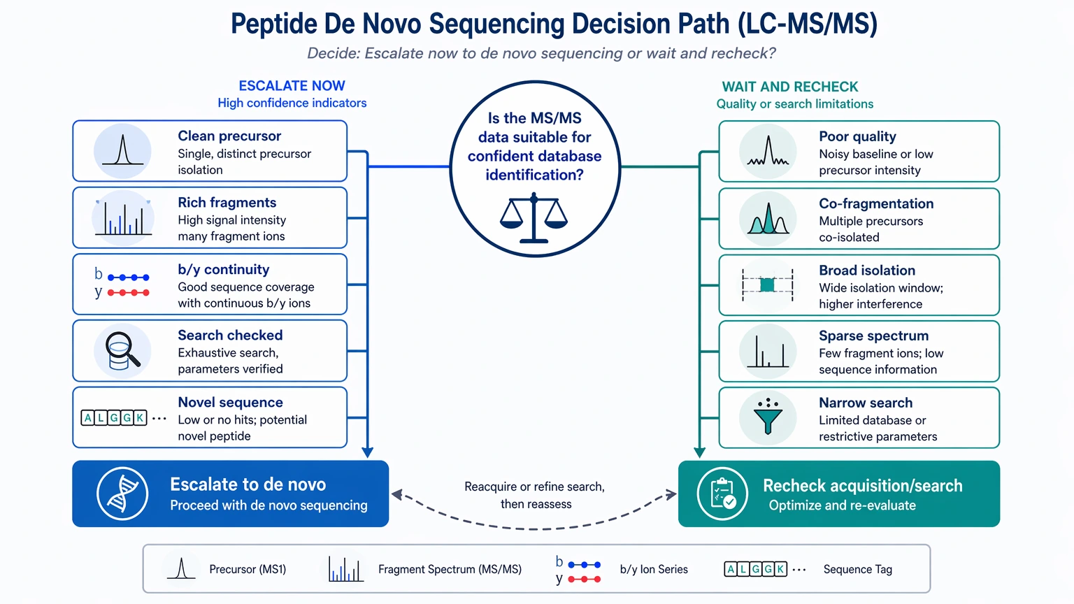 Peptide de novo sequencing decision path for LC-MS/MS no-hit spectra