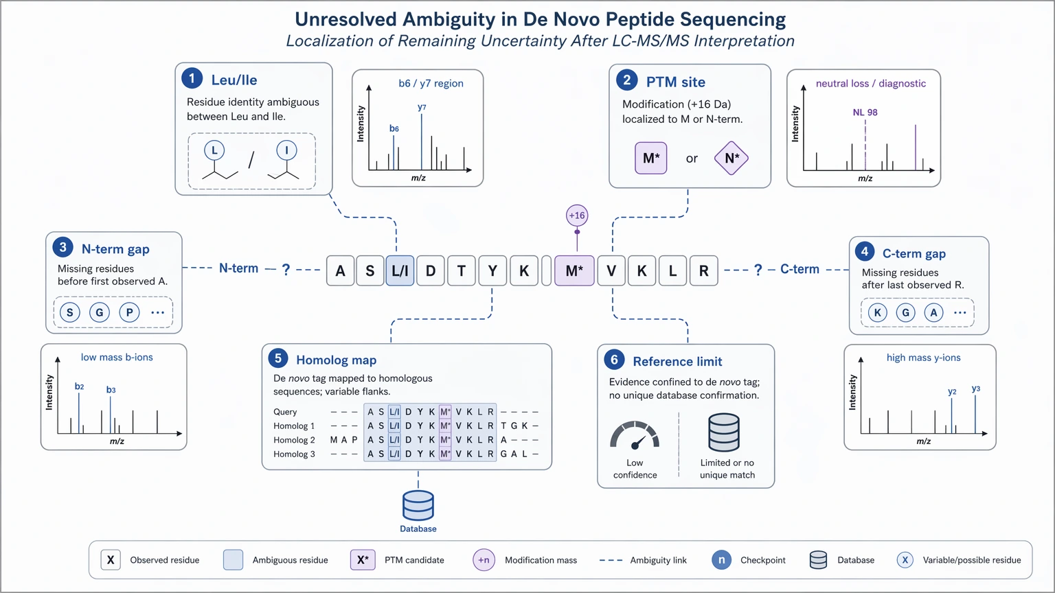 Peptide de novo sequencing ambiguity map for PTM localization and Leu-Ile limits