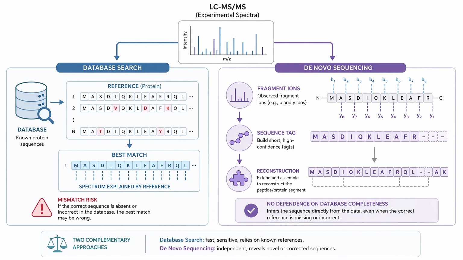 De novo protein sequencing diagram comparing database matching and direct LC-MS/MS sequence inference