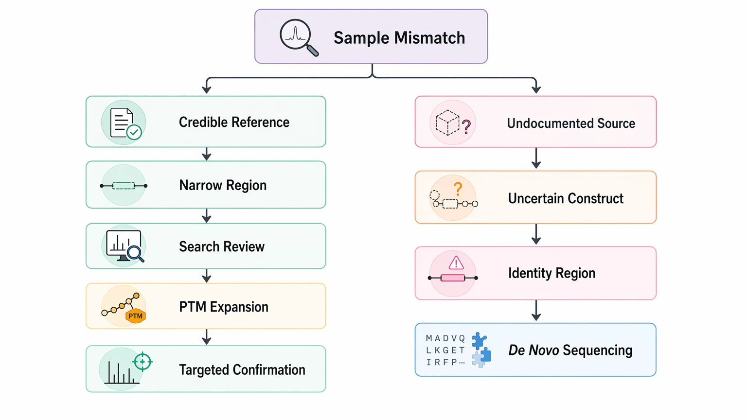 De novo protein sequencing decision path for choosing re-analysis or direct sequence inference