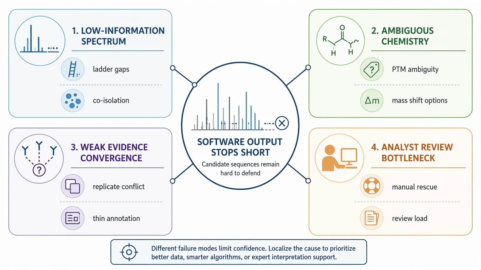 De novo peptide sequencing software cause map showing four root causes of uncertain sequence output