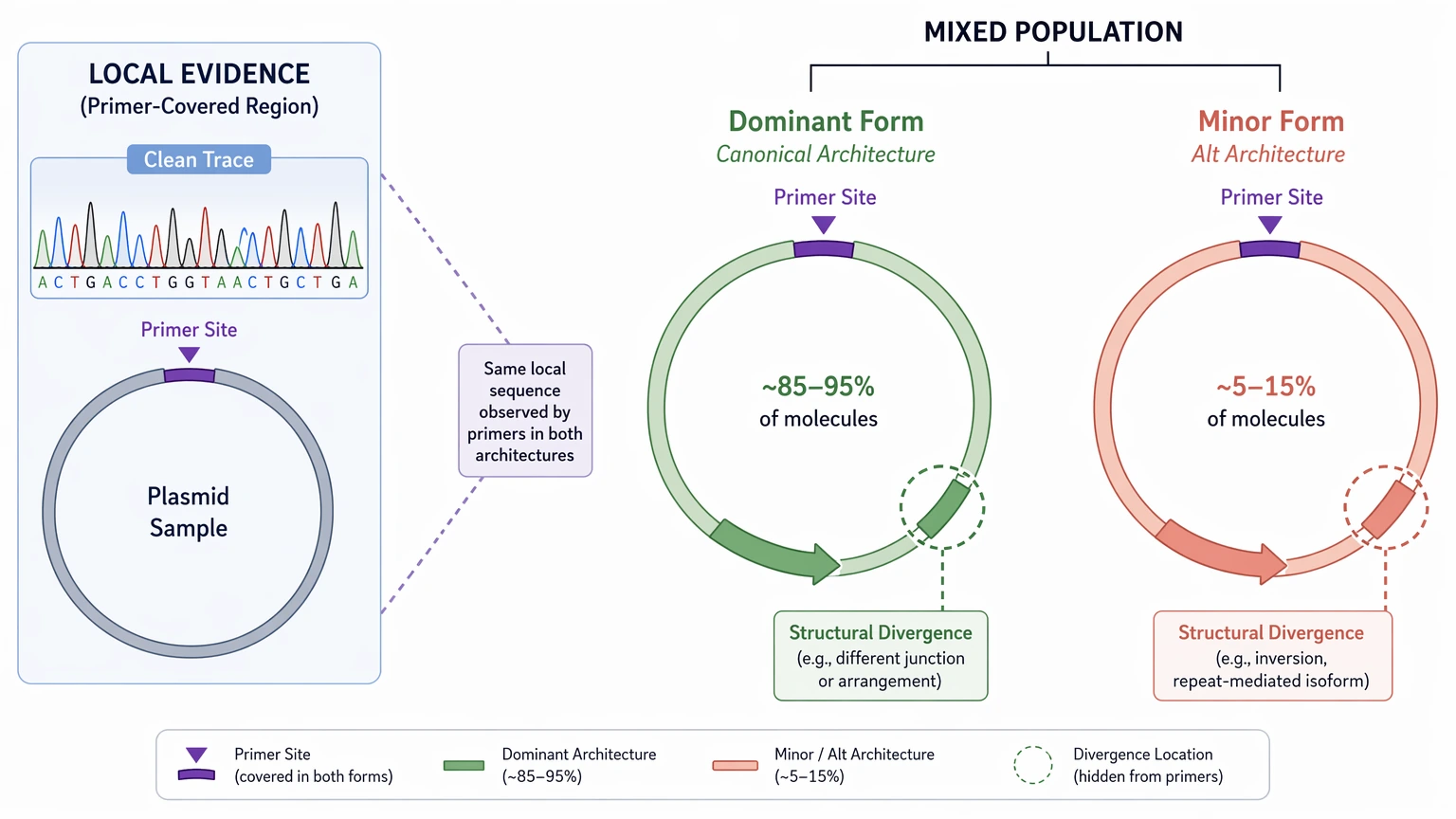 de novo plasmid sequencing graphic showing how a mixed plasmid population can hide alternative plasmid architecture beyond a clean local read