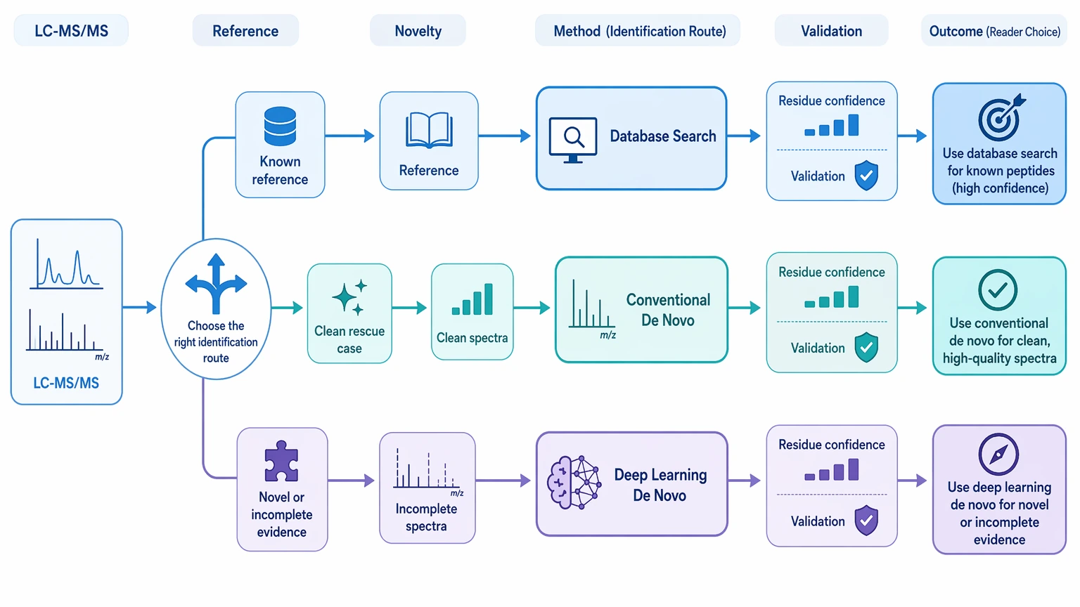 de novo peptide sequencing by deep learning decision path for LC-MS/MS workflow selection