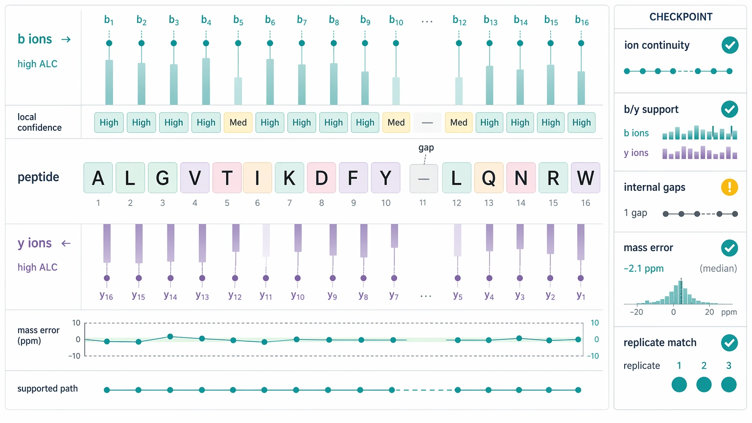 peaks de novo sequencing residue evidence view with b-ion and y-ion support checkpoints