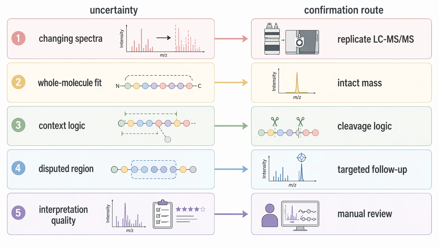 peaks de novo sequencing selection guide matching uncertainty types to confirmation routes
