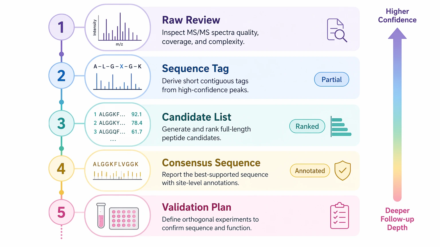 De novo peptide sequencing deliverable selection path with five output levels