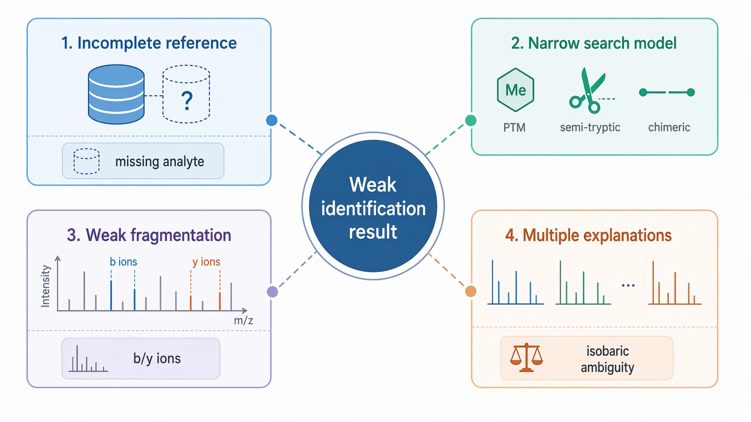 de novo sequencing proteomics failure map showing four causes of weak peptide identification