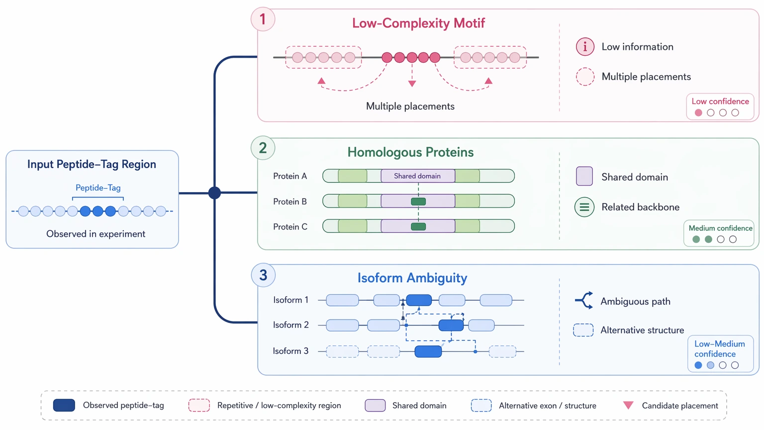De novo assembly shotgun sequencing ambiguity map showing low-complexity motifs, homologous proteins, and isoform-related repeat resolution failure.