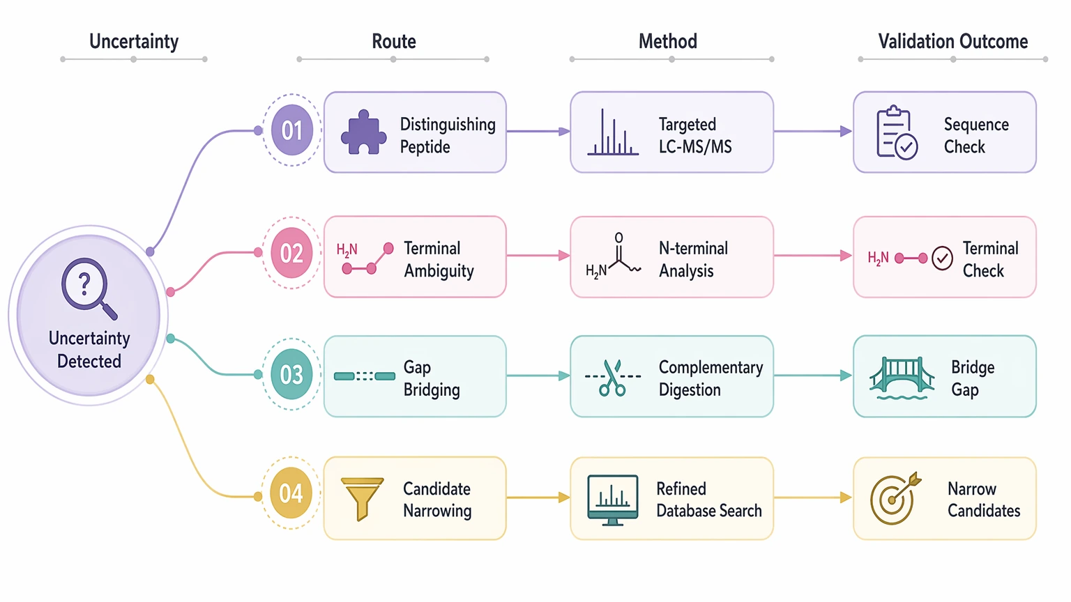 De novo assembly shotgun sequencing decision path showing validation routes for peptide distinction, terminal ambiguity, gap bridging, and candidate narrowing.