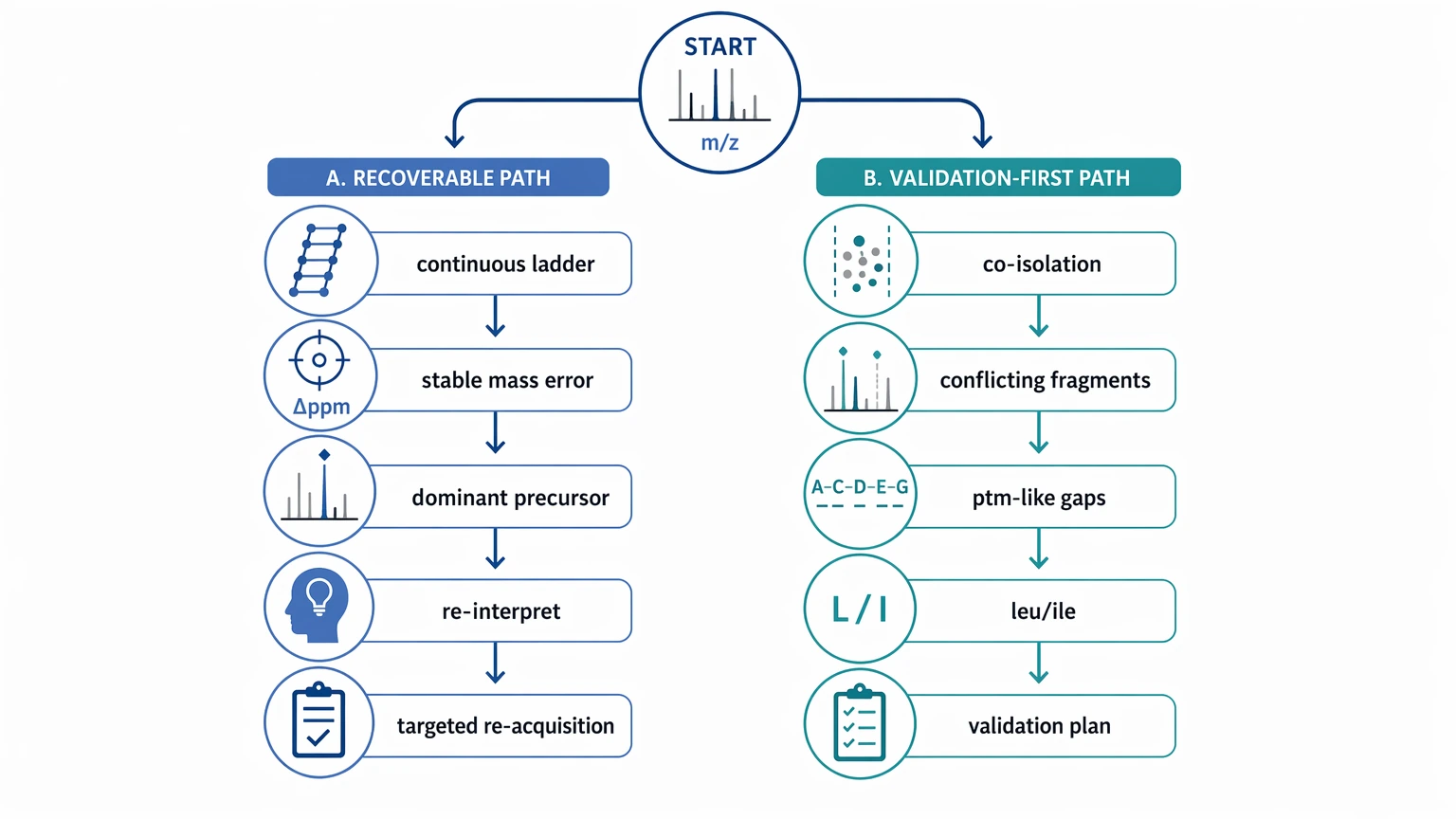 De novo sequencing by esi ms ms decision path for recoverable spectra versus broader validation planning
