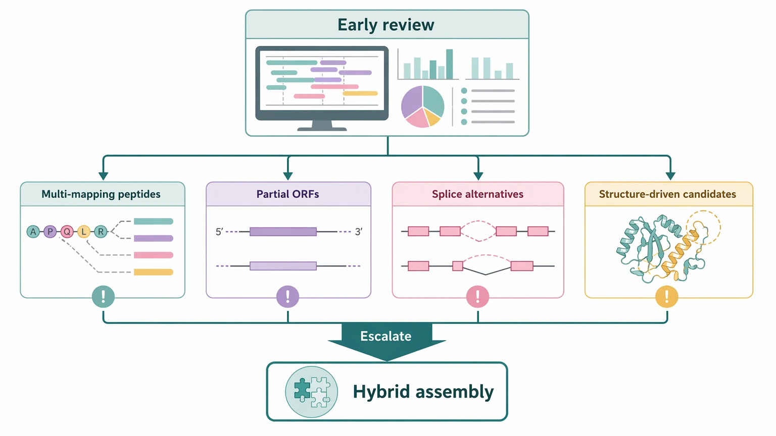 ngs sequencing de novo escalation checkpoint path showing multi-mapping peptides, partial ORFs, splice alternatives, and hybrid assembly triggers