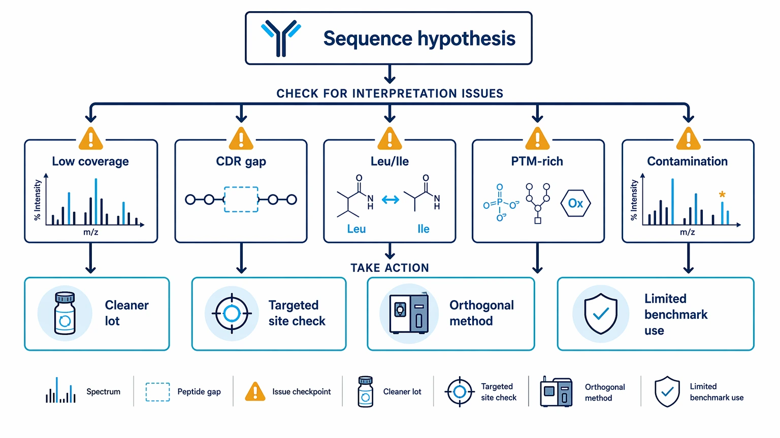 Monoclonal antibody sequencing troubleshooting path for uncertain residues and bounded interpretation