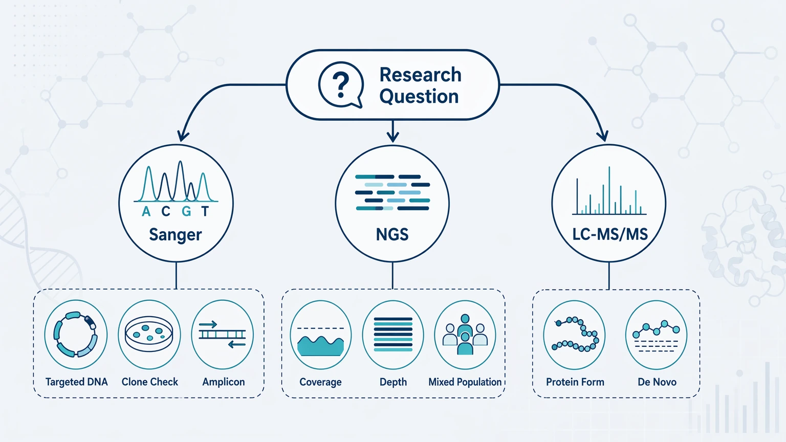 Ngs vs Sanger Sequencing selection guide diagram comparing Sanger, NGS, and LC-MS/MS by research question