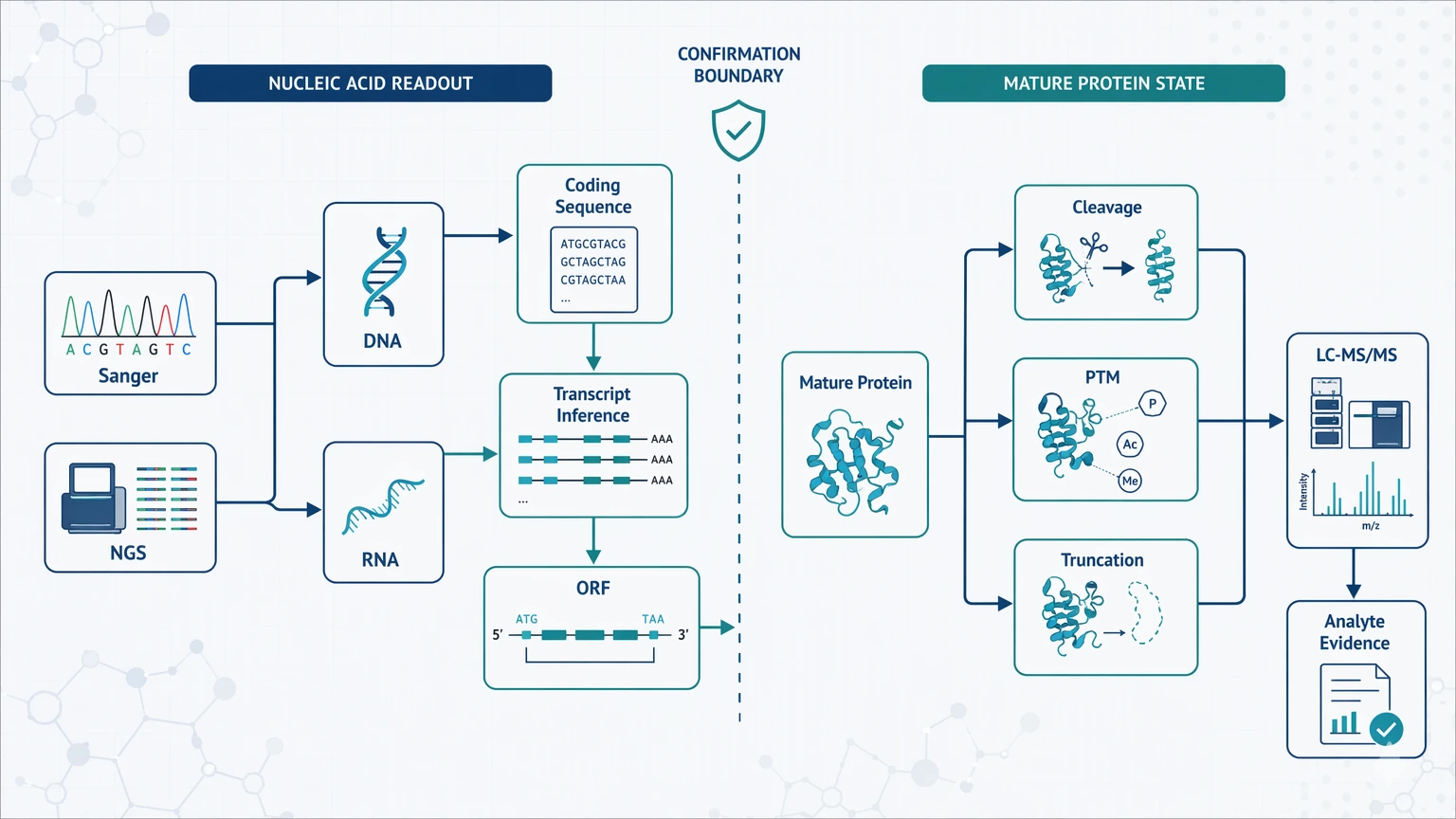 Ngs vs Sanger Sequencing principle diagram showing DNA confirmation versus mature protein identification boundary