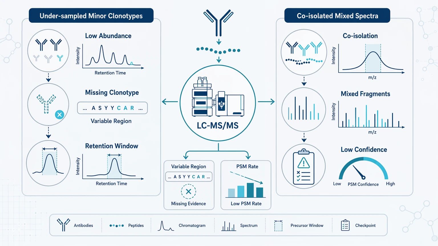 LC-MS/MS antibody analysis evidence view for antibody diversity and specificity analysis troubleshooting showing low-abundance clonotypes and co-isolated spectra.