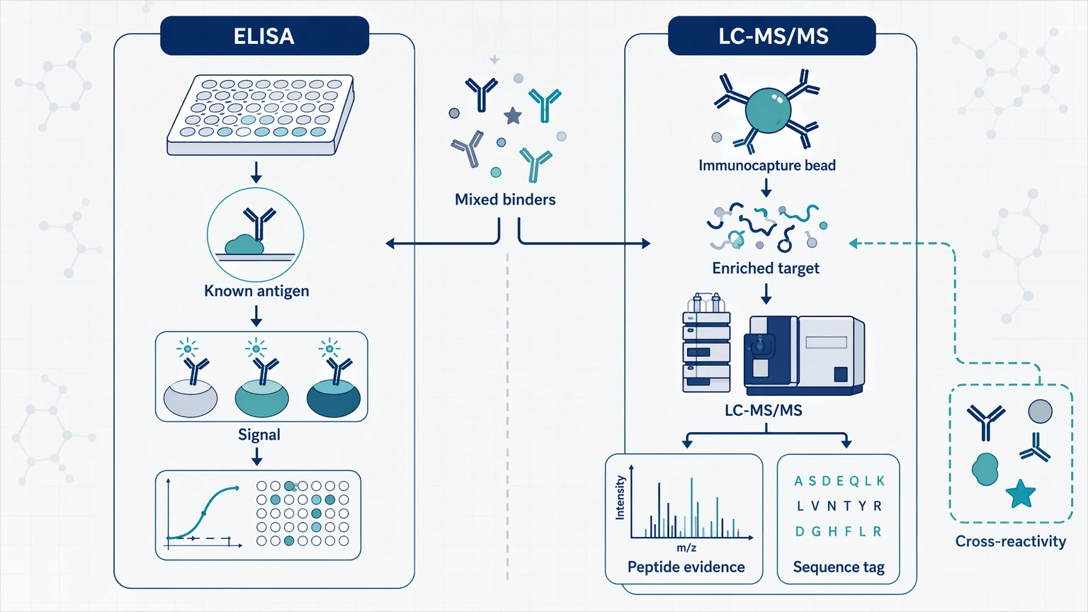 antibody diversity and specificity analysis vs ELISA diagram comparing ELISA binding signal with LC-MS/MS peptide evidence