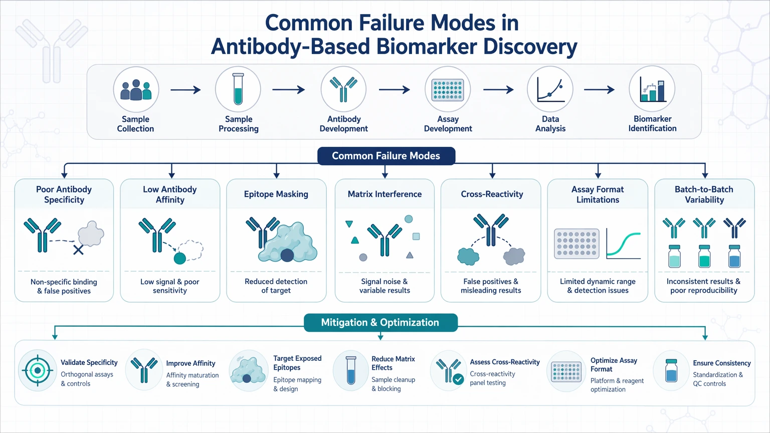disease biomarker discovery antibody analysis optimization Common Failure Modes in Antibody-Based Biomarker Discovery visual guide