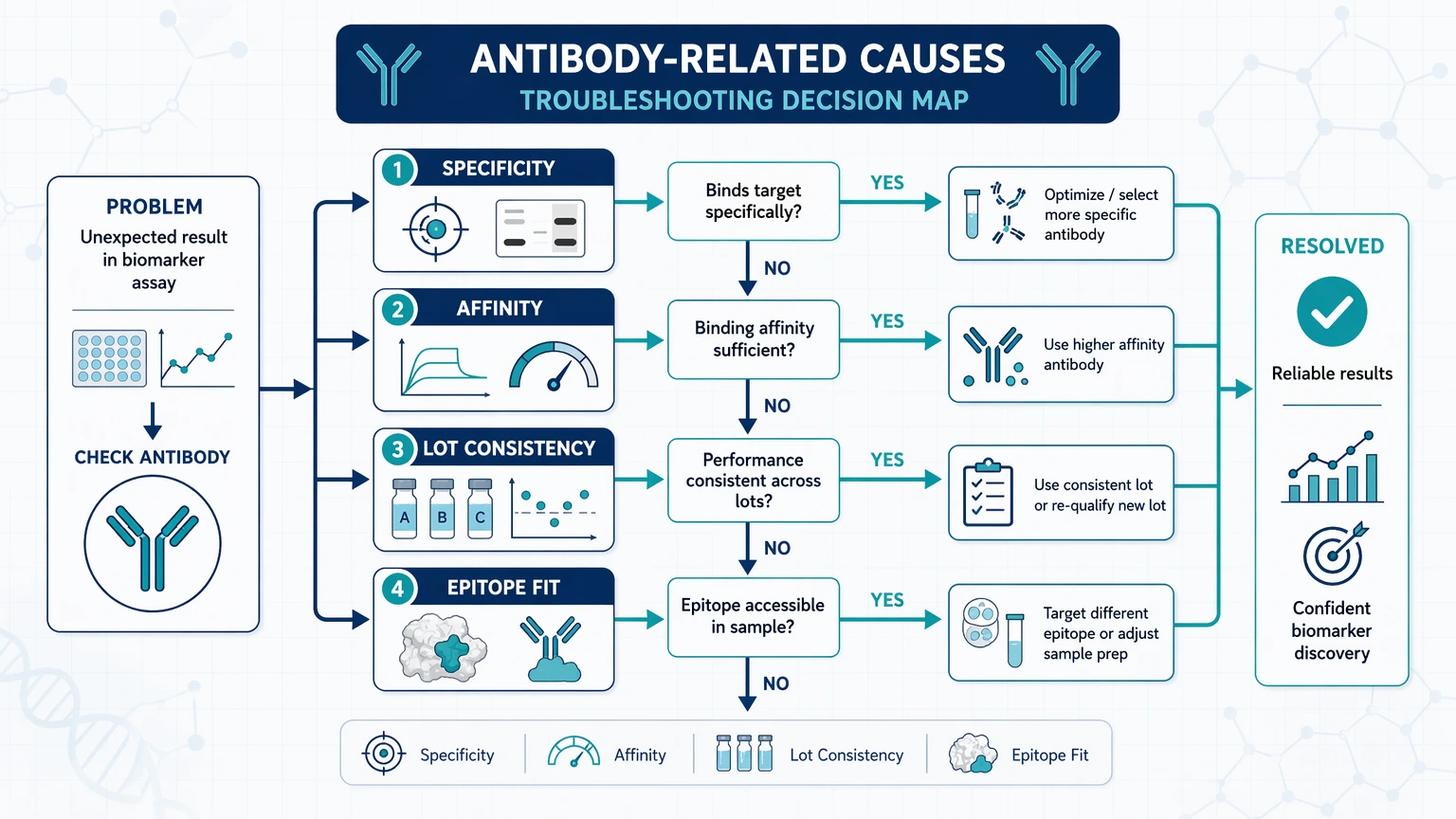 disease biomarker discovery antibody analysis troubleshooting Antibody-related causes: specificity, affinity, lot consistency, and epitope fit visual guide