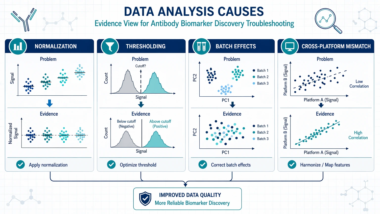 disease biomarker discovery antibody analysis troubleshooting Data analysis causes: normalization, thresholding, batch effects, and cross-platform mismatch visual guide