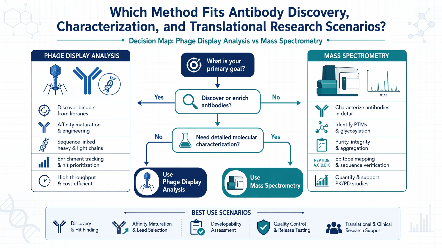 phage display antibody analysis vs mass spectrometry Which Method Fits Antibody Discovery, Characterization, and Translational Research Scenarios visual guide